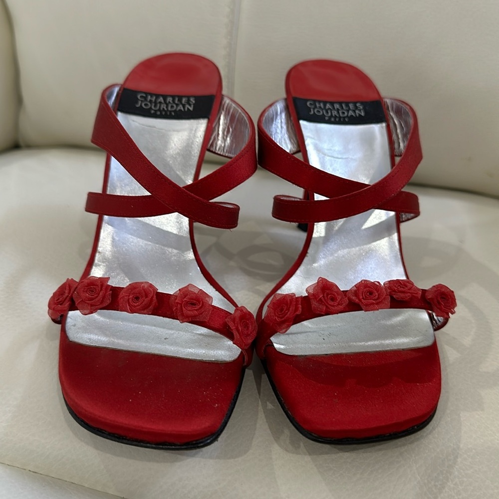 Vintage Red Charles Jourdan Paris Strappy Satin
Sandals Heels Size 7.5 Roses
